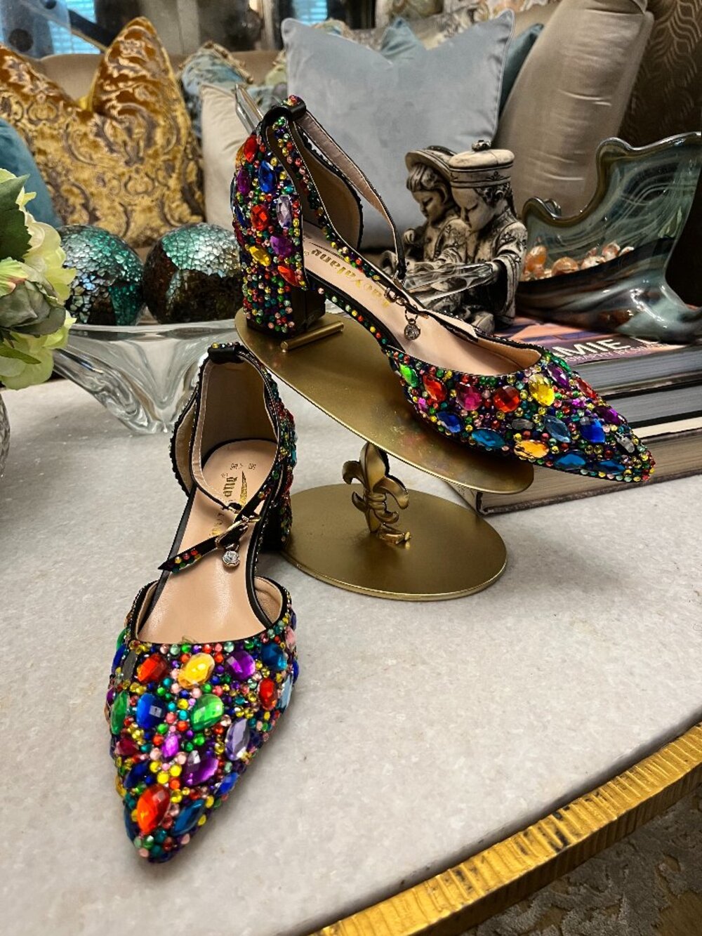 Bao yafang multicolor rhinestone ankle strap heels